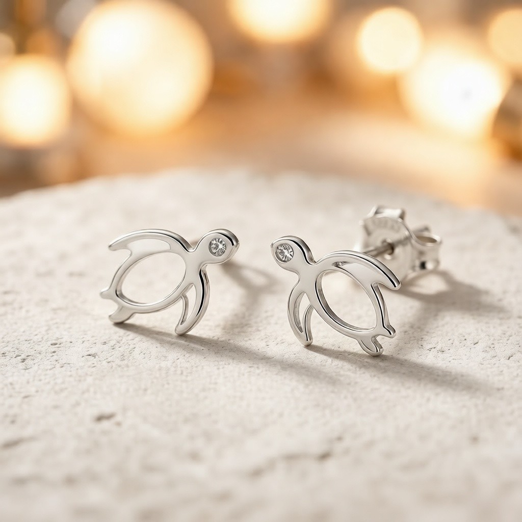 Hawksbill Turtle Line Earrings shown worn, 925 sterling silver