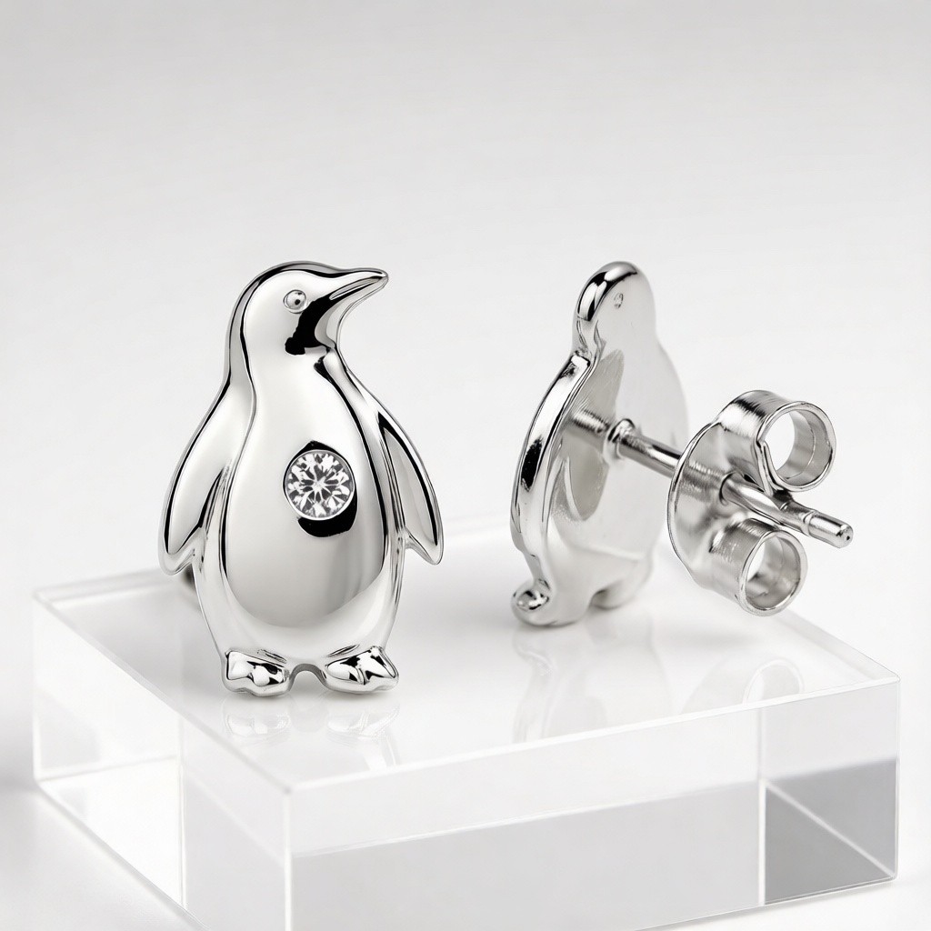 Emperor Penguin Relief Earrings, 925 sterling silver with zirconia