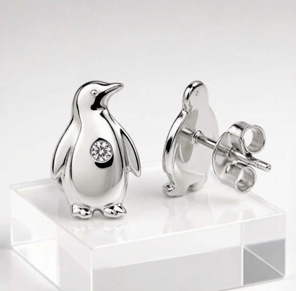 Emperor Penguin Relief Earrings | for Anniversary Gifts | 925 Sterling Silver | CZ / Moissanite