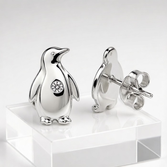 Emperor Penguin Relief Earrings | for Anniversary Gifts | 925 Sterling Silver | CZ / Moissanite