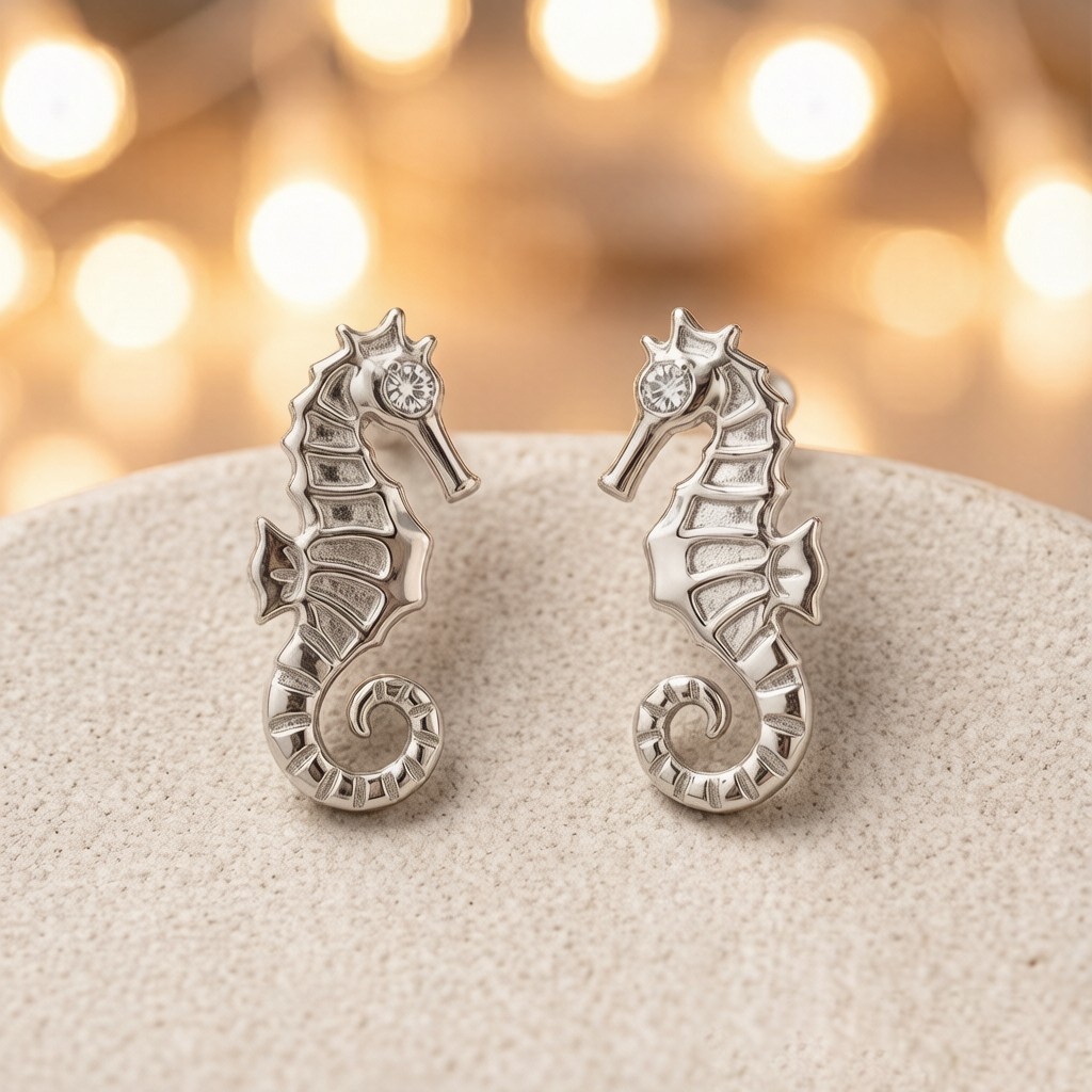 Tiger-tail Seahorse Layered Relief earrings detail view