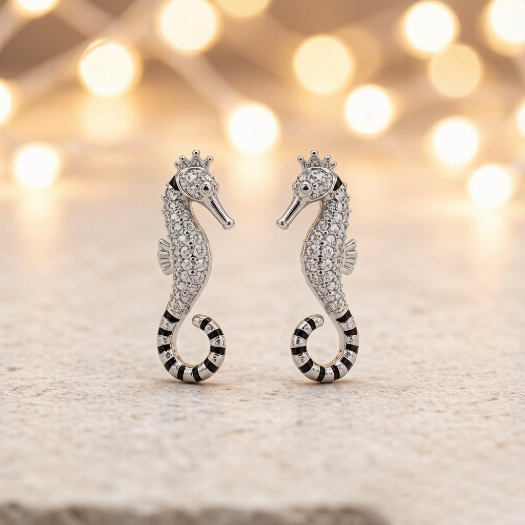 Tiger-tail Seahorse Stone Pavé earrings detail view