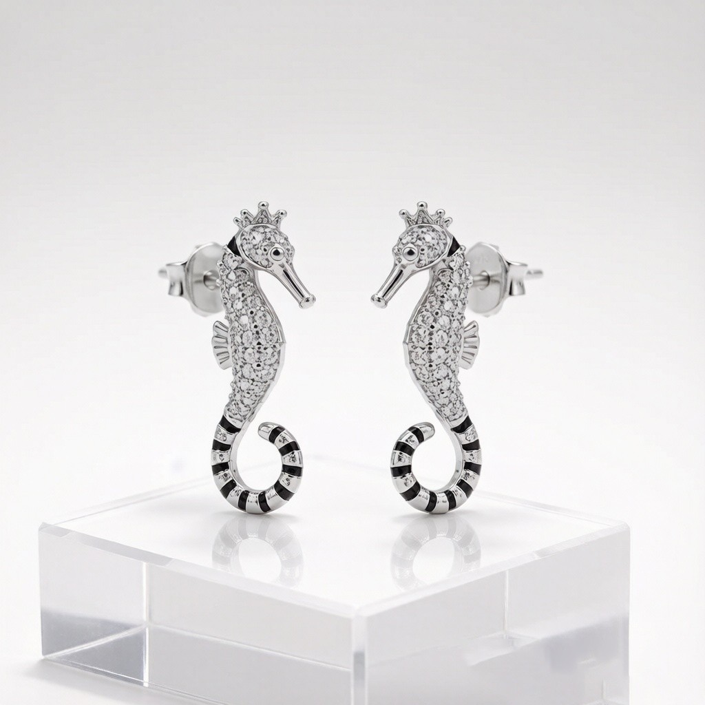Tiger-tail Seahorse Pavé Earrings, pavé set 925 sterling silver