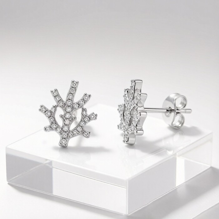 Staghorn Coral Pavé Earrings | 925 Silver | CZ / Moissanite | for Daily Wear | Hengdian Silver