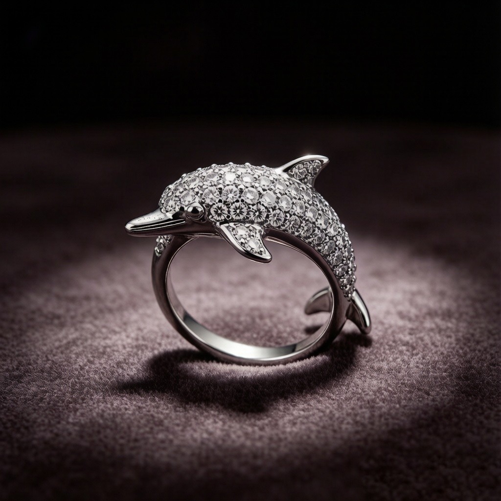 Baiji Dolphin Pavé Ring worn on the finger, pavé set 925 sterling silver