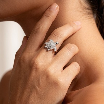 Hawksbill Turtle Pavé Rings | Personalized | for Boutique Collections | 925 Silver | CZ / Moissanite