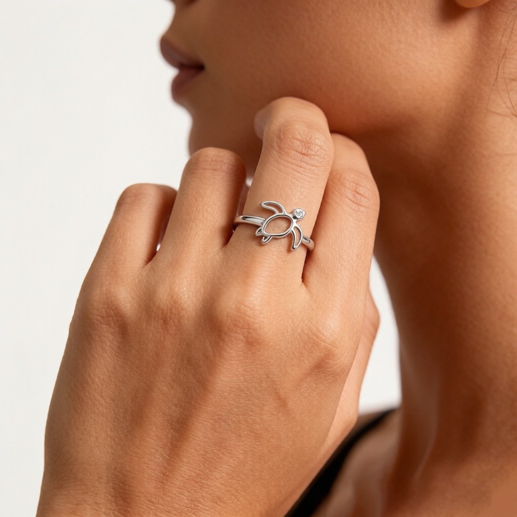 Hawksbill Turtle Minimalist Line rings on-model styling