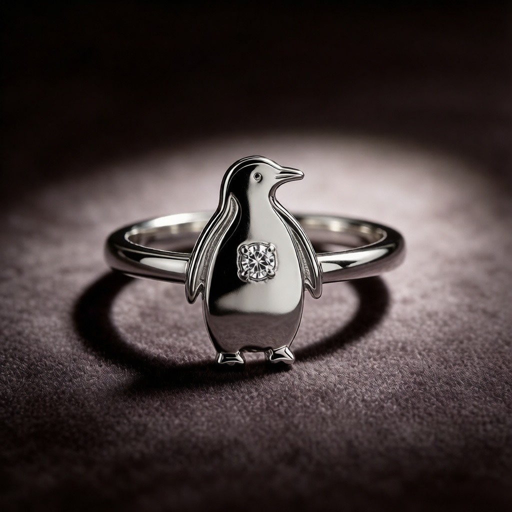 Custom-Made 925 Sterling Silver Emperor Penguin Layered Relief Rings