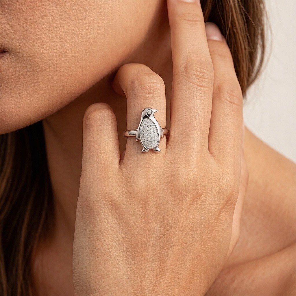 Emperor Penguin Pavé Ring worn on the hand, 925 sterling silver ring