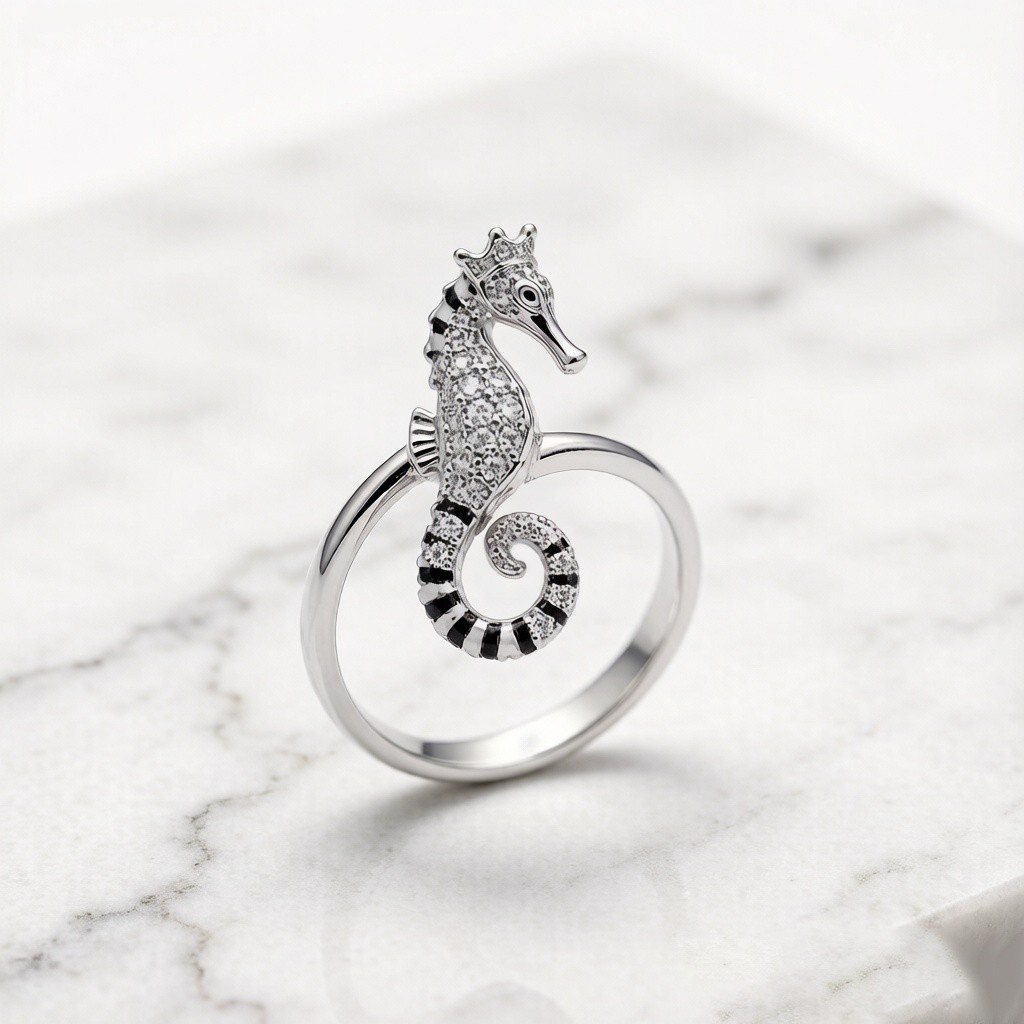 Tiger-tail Seahorse Pavé Ring in 925 sterling silver, pavé set