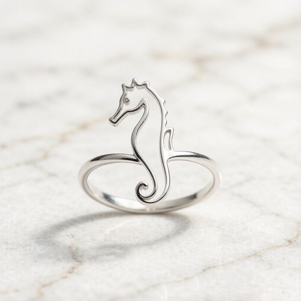 Tiger-tail Seahorse Minimalist Line rings detail view