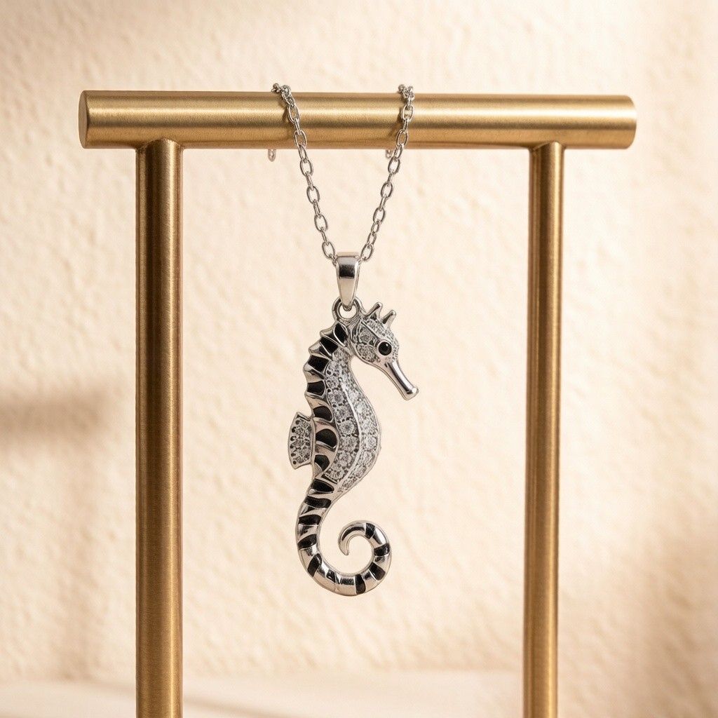 Tiger-tail Seahorse Pavé Necklace in 925 sterling silver, pavé set