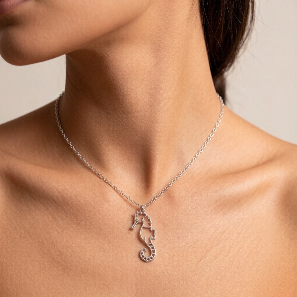 Tiger-tail Seahorse Line Necklace worn on the neck, 925 sterling silver necklace