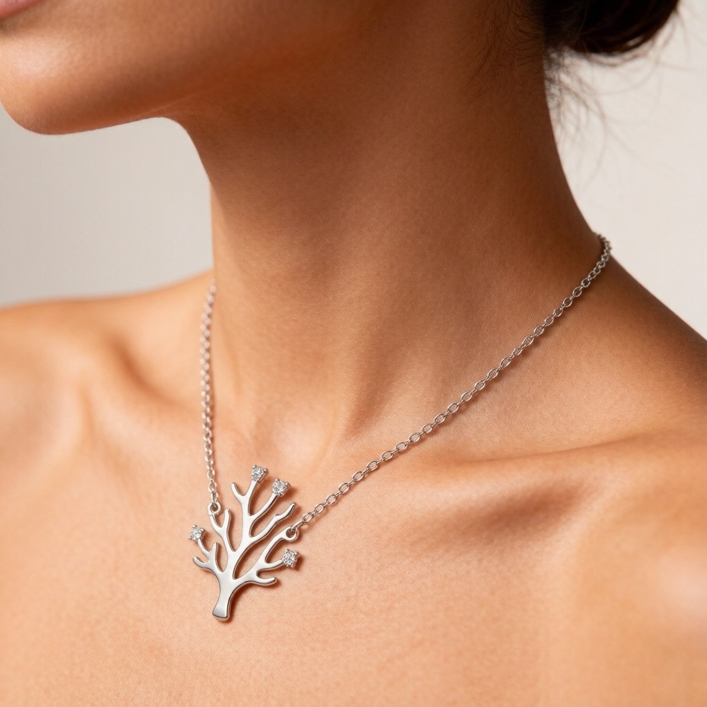 Staghorn Coral Line Necklace worn on the neck, 925 sterling silver necklace