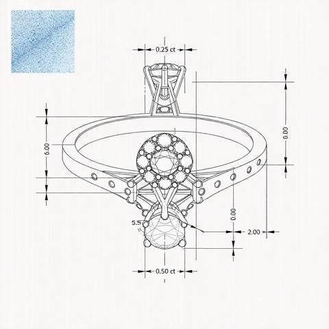 Technical jewelry drawing showing ring dimensions, stone placements and plating notes for custom silver manufacturing