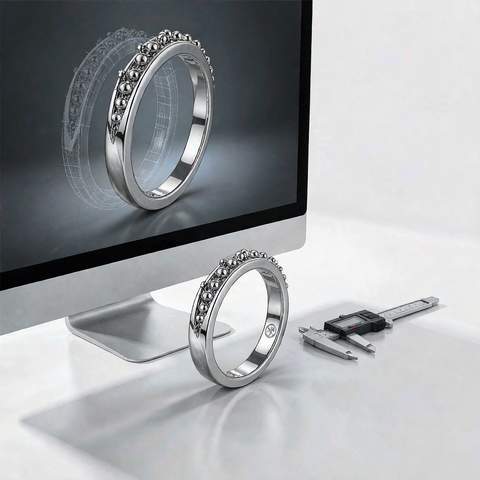3D rendered ring model on a monitor next to a physical 925 silver sample and digital caliper