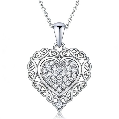 Filigree Heart Pave Pendant Necklaces | Anniversary Gifts | 925 Silver | Hengdian Silver