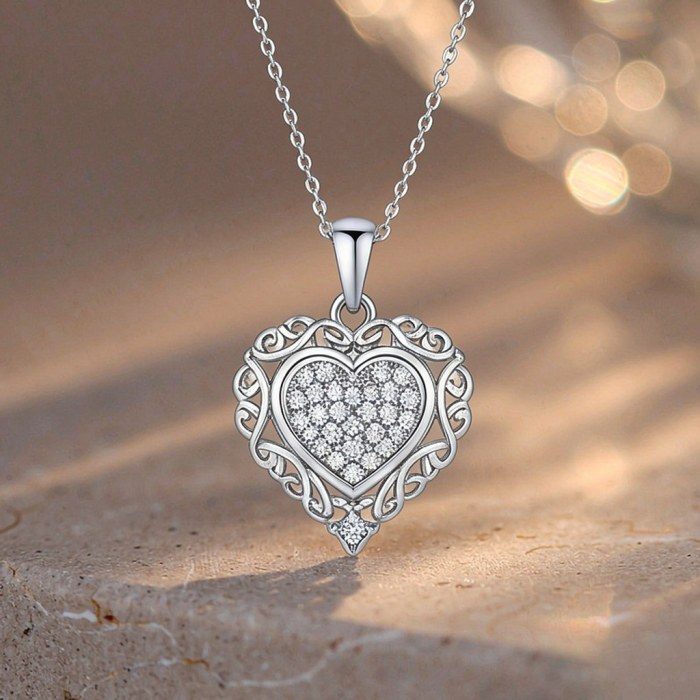 Filigree Heart Pave Pendant Necklaces | Anniversary Gifts | 925 Silver | Hengdian Silver