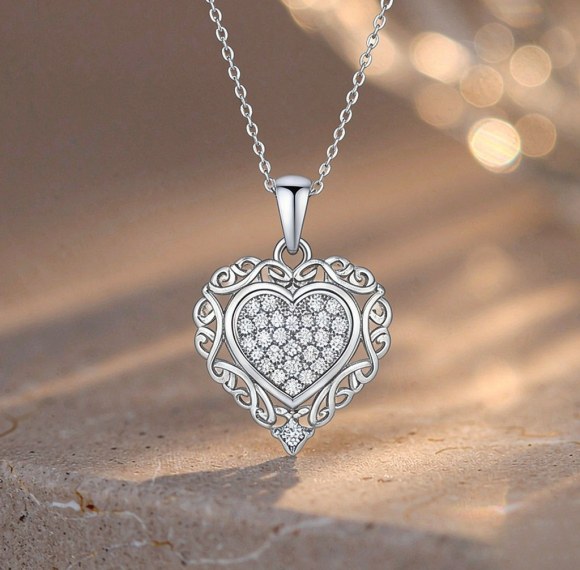 Filigree Heart Pave Pendant Necklaces | Anniversary Gifts | 925 Silver | Hengdian Silver