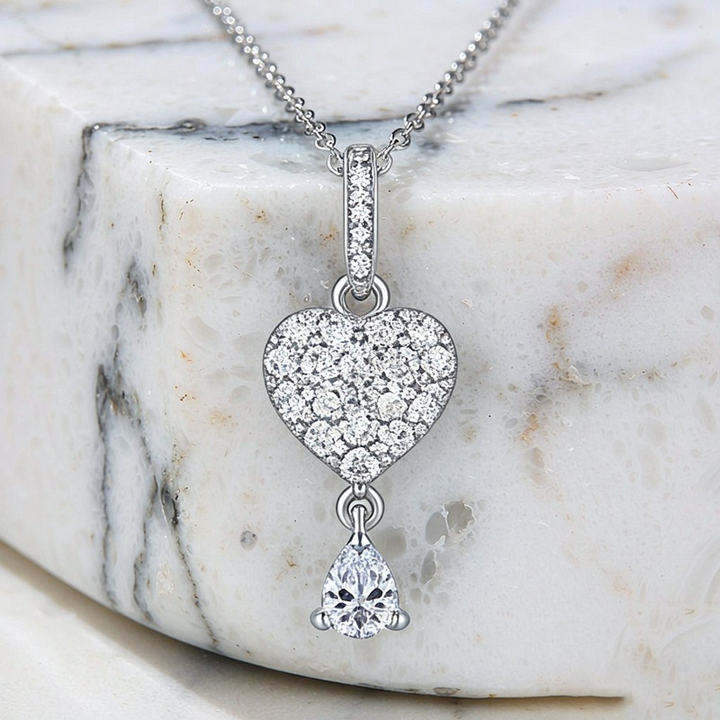 Pave Heart Drop Pendant Necklaces detail view