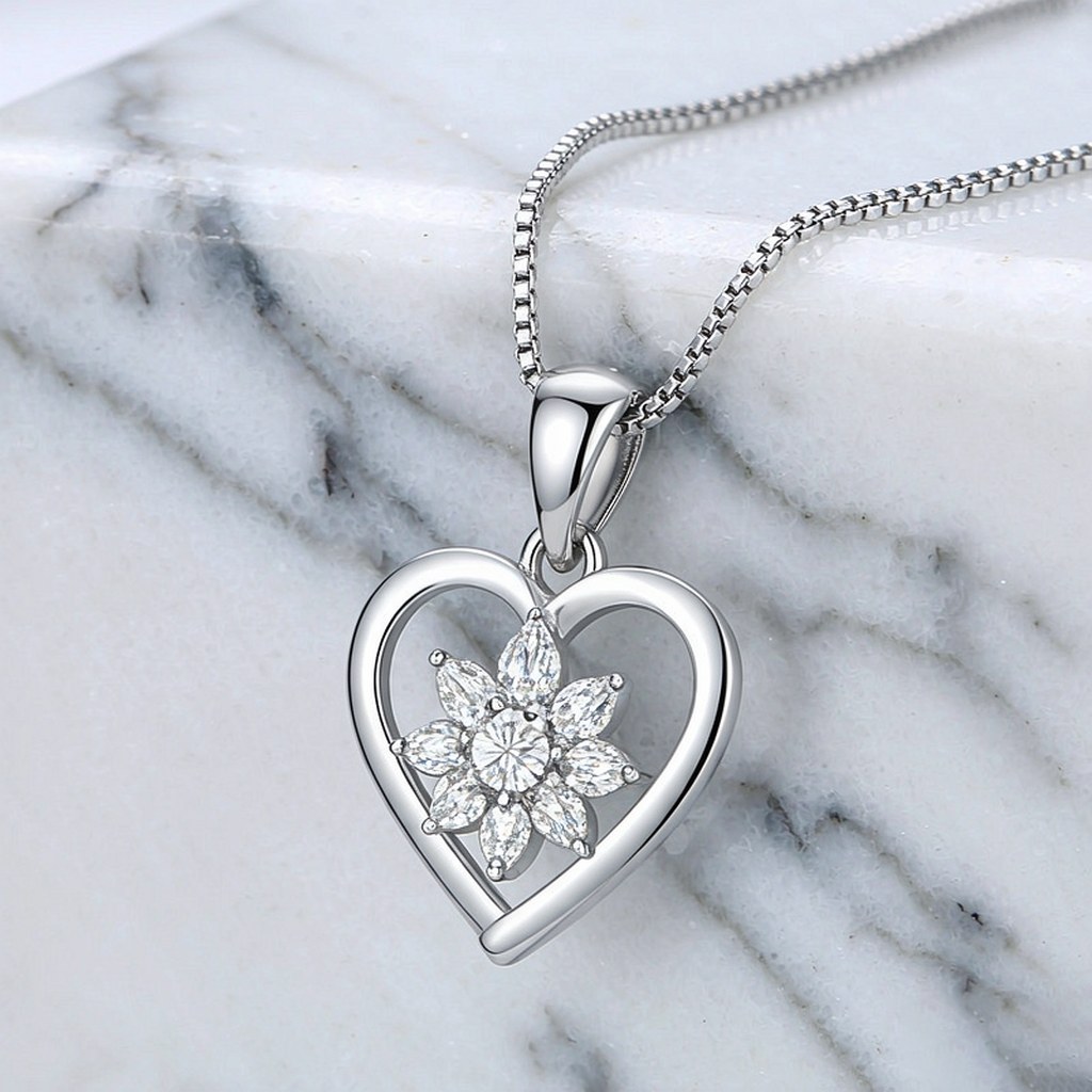 Open Heart Flower Pendant Necklaces detail view
