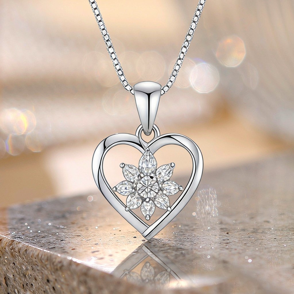 Custom 925 Sterling Silver Open Heart Flower Pendant Necklaces for OEM ODM