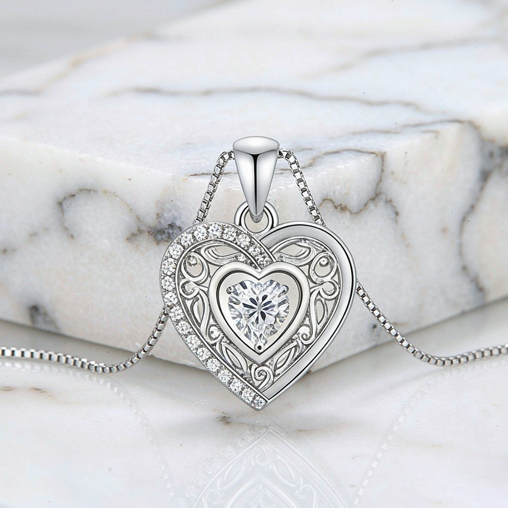 Double Heart Pave Pendant Necklaces detail view