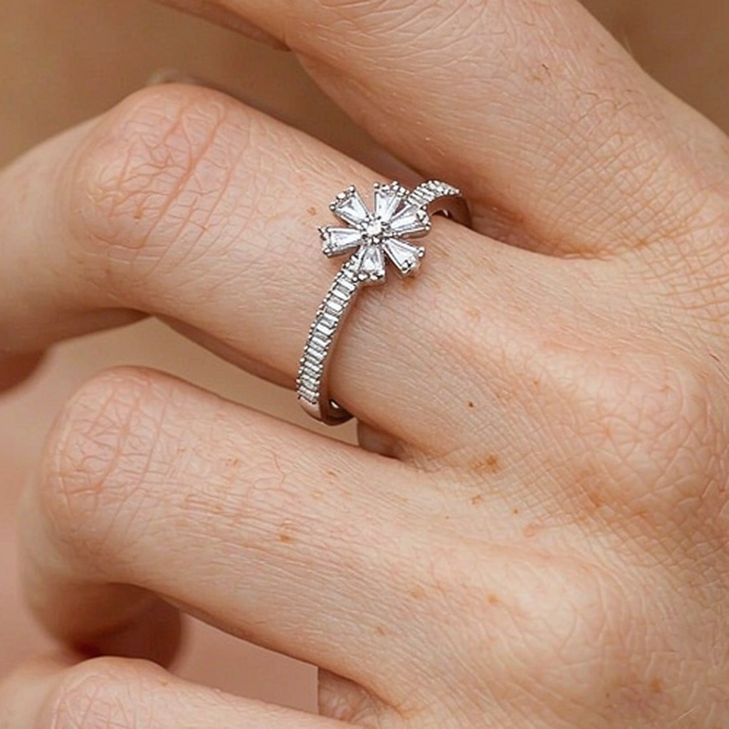 Sunburst Flower Pave Rings on-model styling
