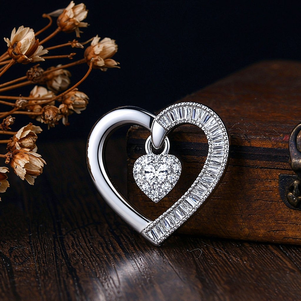 Baguette Heart Pave Pendant Necklaces on-model styling