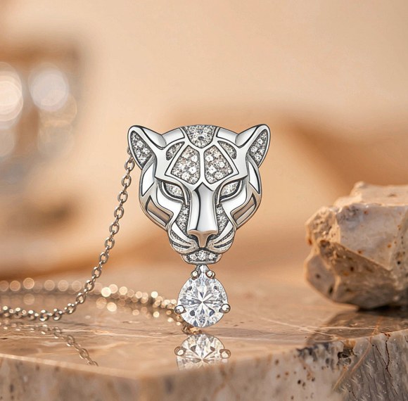 Leopard Head Solitaire Drop Pendant Necklaces | Beach Weddings | Bespoke 925 Silver