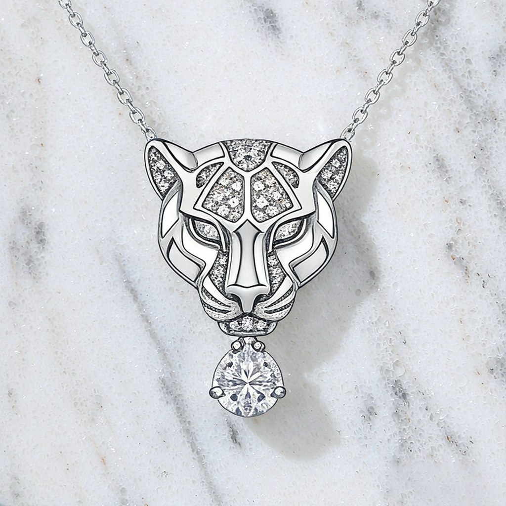 Leopard Head Solitaire Drop Pendant Necklaces detail view
