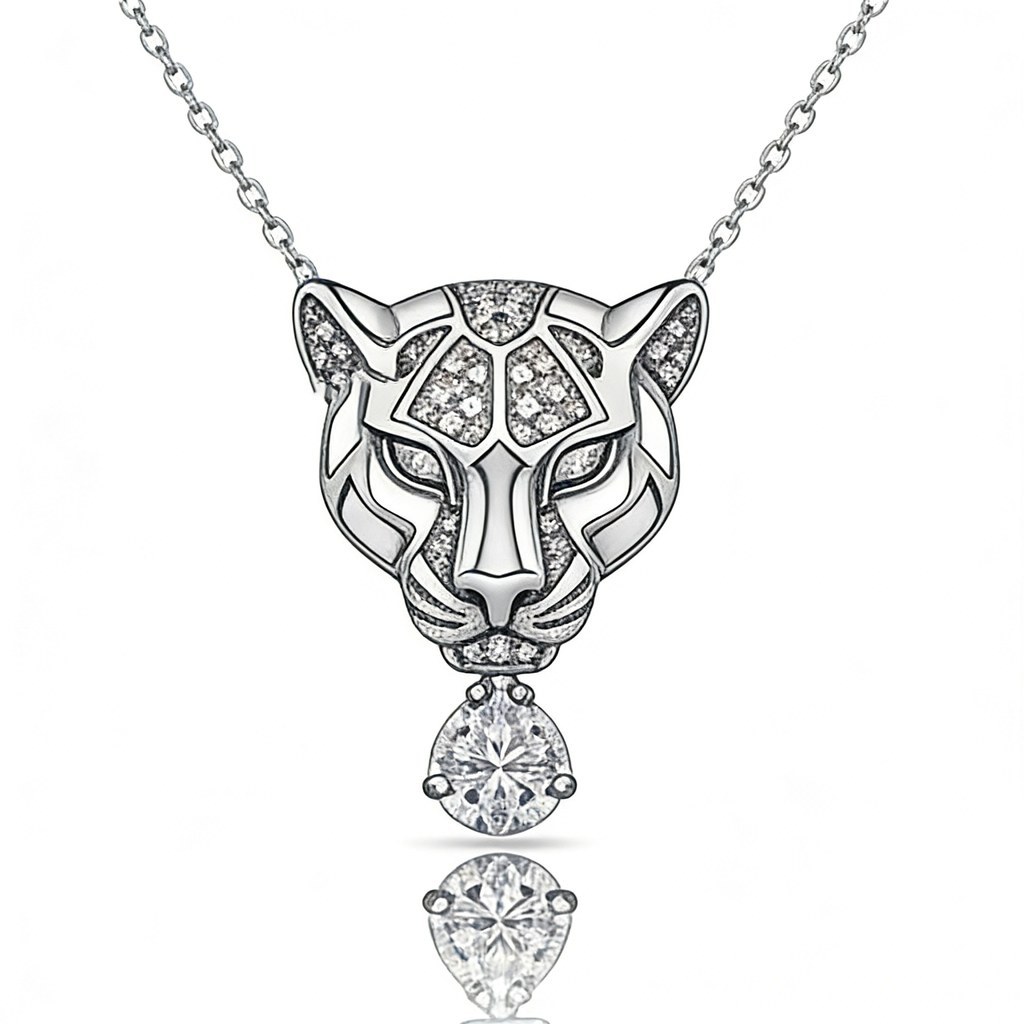 Leopard Head Solitaire Drop Pendant Necklaces on-model styling