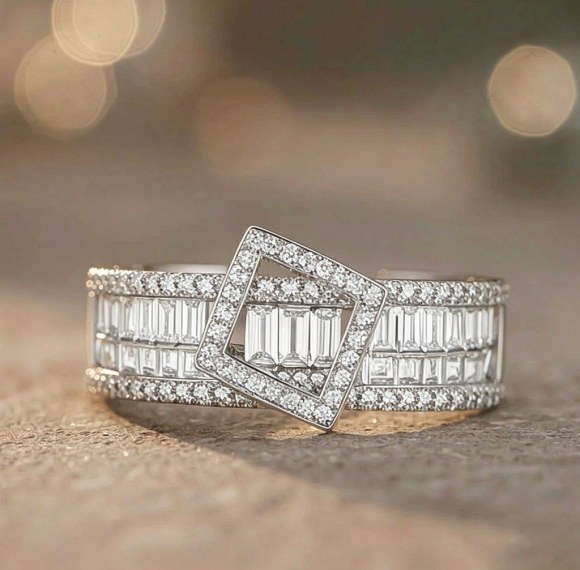 Square Halo Baguette Band Rings | Boutique Collections | Modern Custom 925 Silver