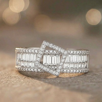 Square Halo Baguette Band Rings | Boutique Collections | Modern Custom 925 Silver