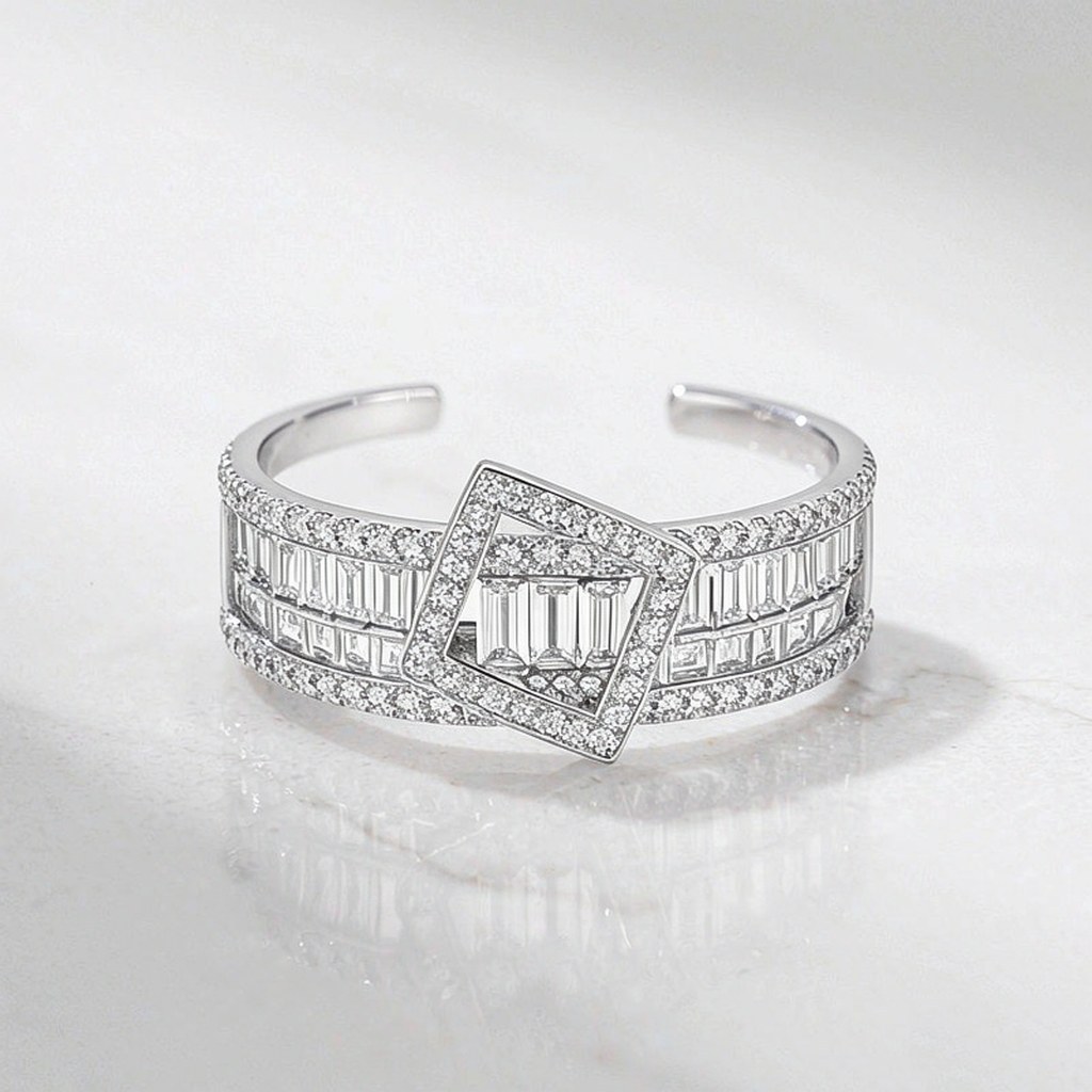 Square Halo Baguette Band Rings detail view