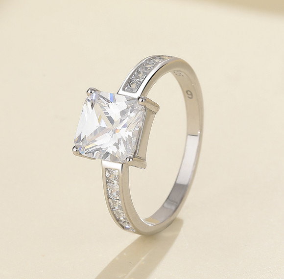 Square CZ Solitaire Ring with Baguette Shoulders | Modern Minimalist Style | ODM Stock & OEM Bespoke