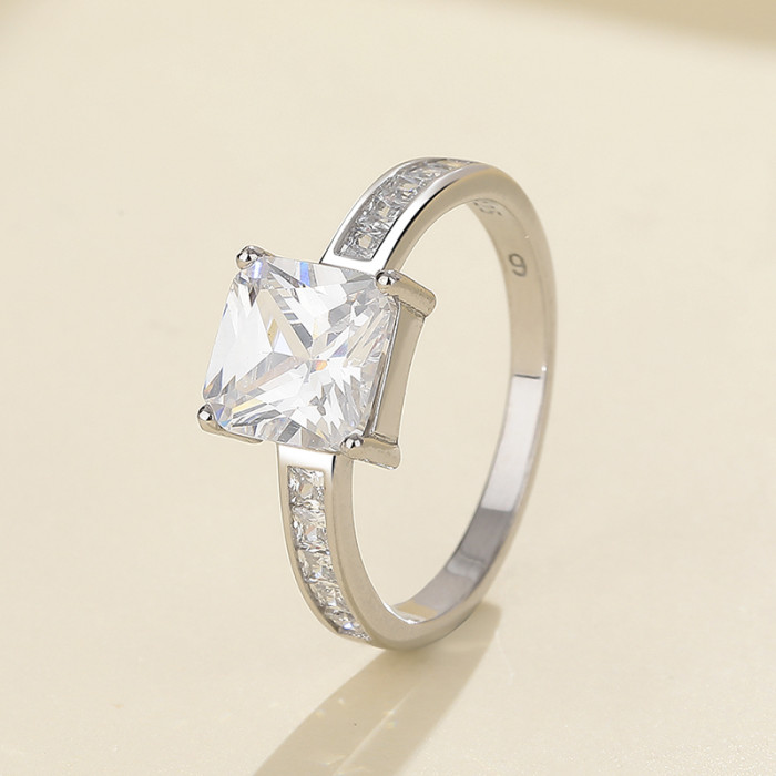 Square CZ Solitaire Ring with Baguette Shoulders | Modern Minimalist Style | ODM Stock & OEM Bespoke