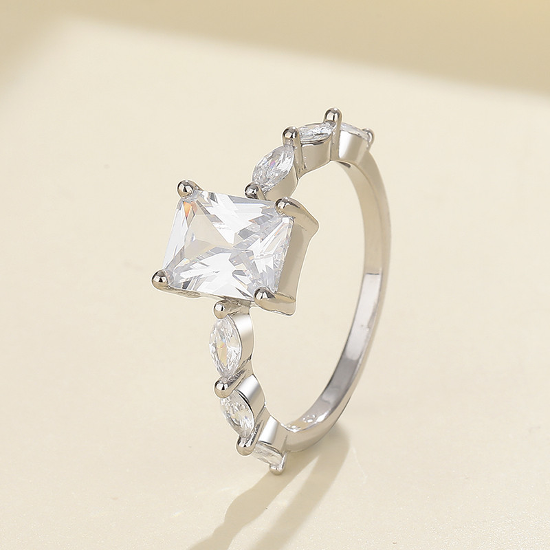 emerald cut CZ ring with marquise side stones in 925 sterling silver