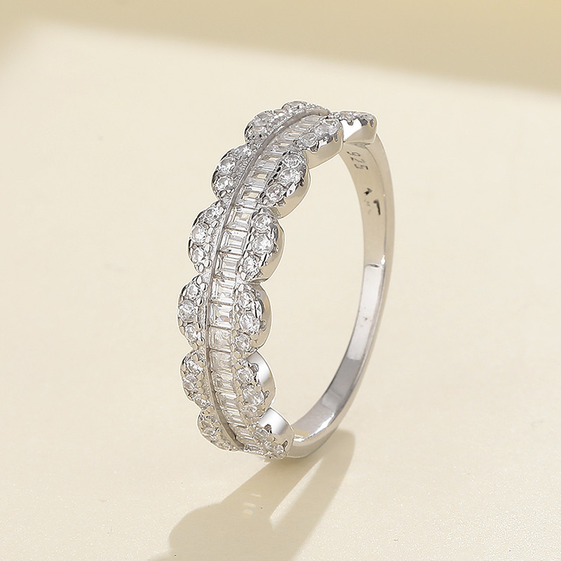 baguette and round CZ half eternity band in 925 sterling silver