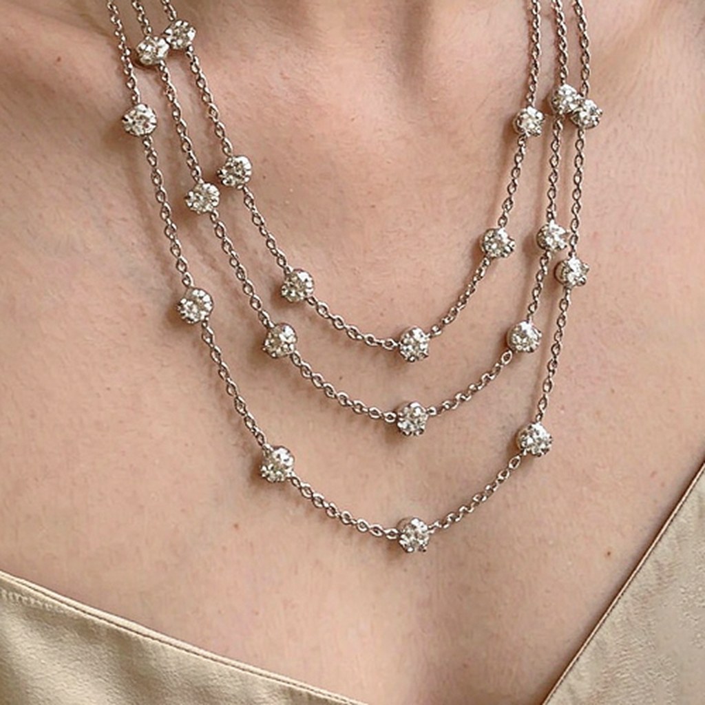 Three Strand Pave Station Necklaces on-model styling