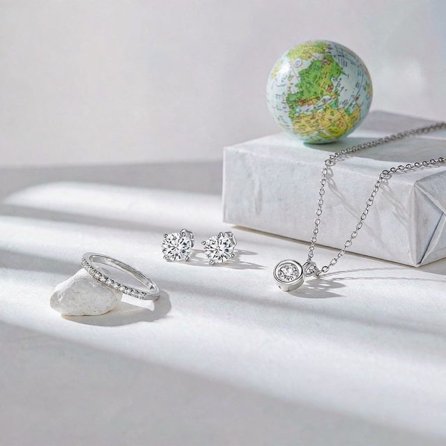 925 silver zircon jewelry beside a sealed parcel and a globe, ready for international dispatch