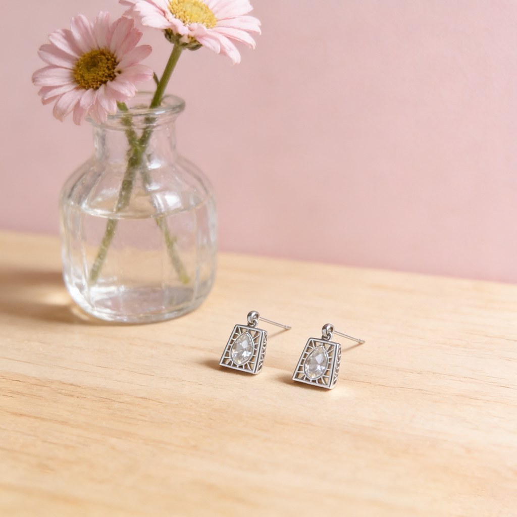 Geometric Frame Pear Drop Earrings detail view
