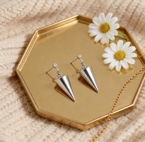 Geometric Cone Drop Earrings | Statement Looks | 925 Silver | Tailored | Hengdian Silver