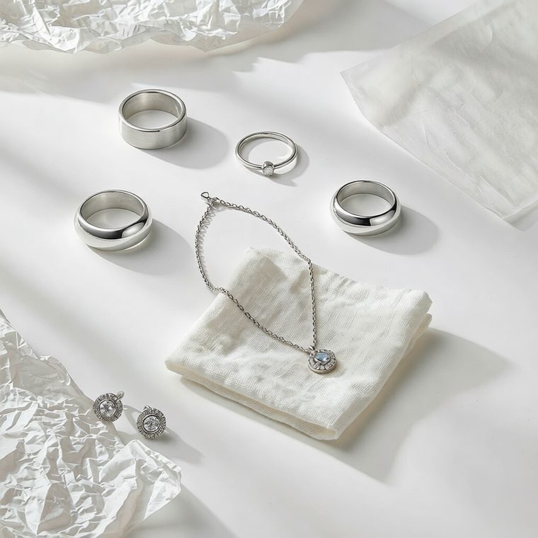 Minimal flat lay of 925 silver rings and a pendant on a clean white surface