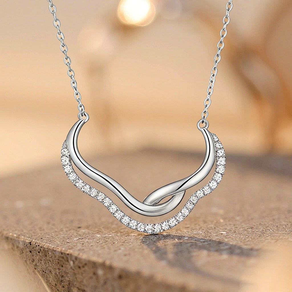 Custom 925 Sterling Silver Double Wave Pave Pendant Necklaces for OEM ODM