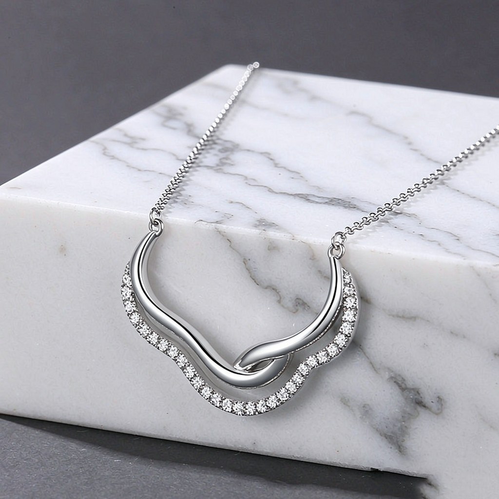 Double Wave Pave Pendant Necklaces detail view