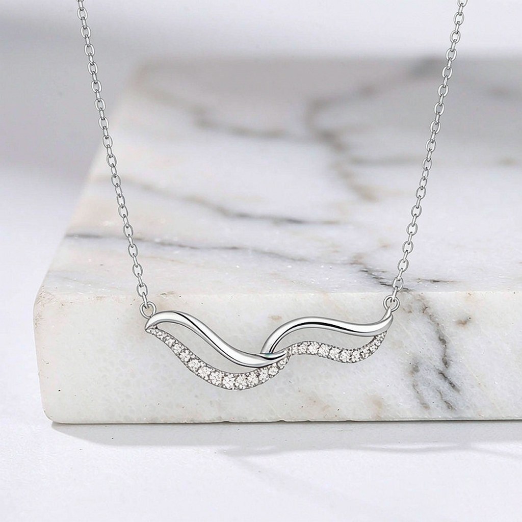 Polished Wave Pave Pendant Necklaces detail view