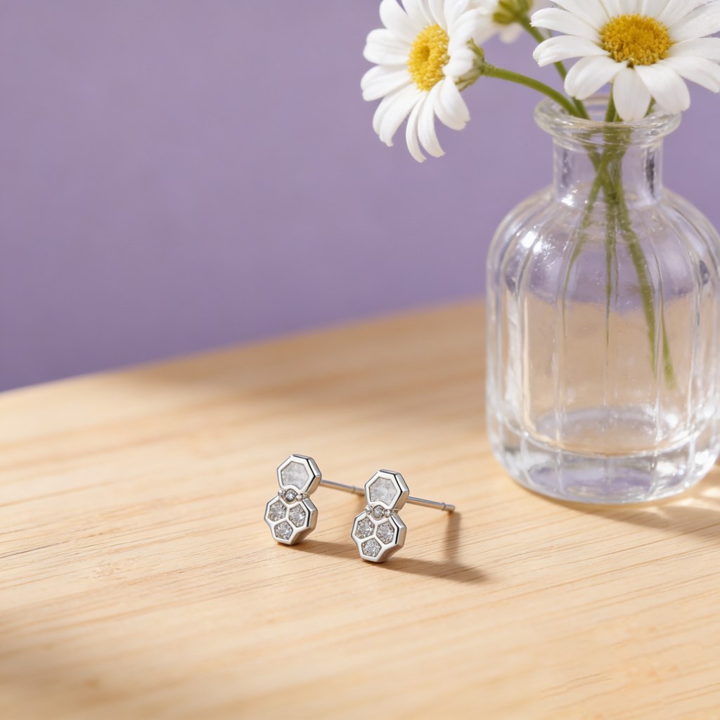 Double Hexagon Pave Stud Earrings detail view