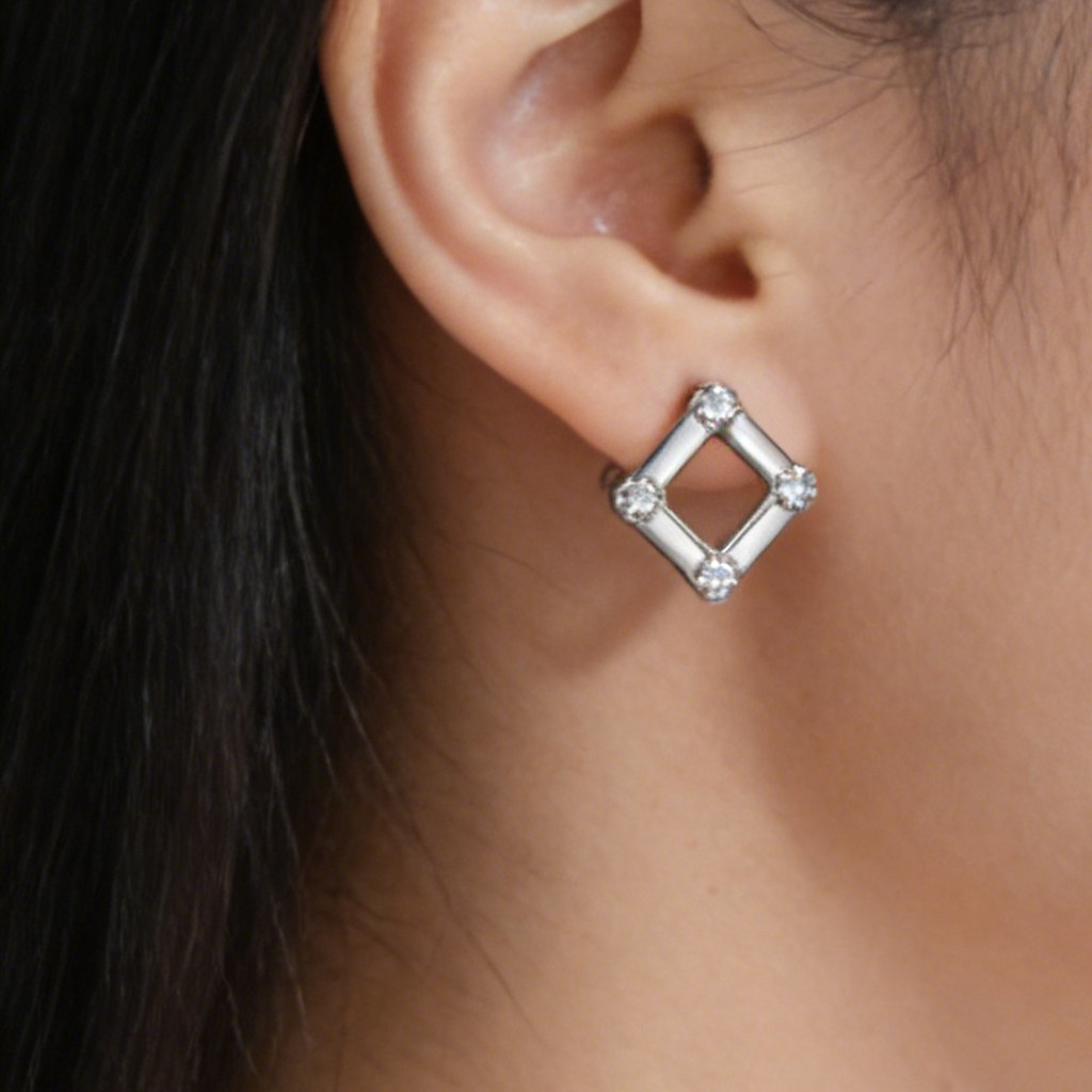 Open Square Frame Stud Earrings on-model styling