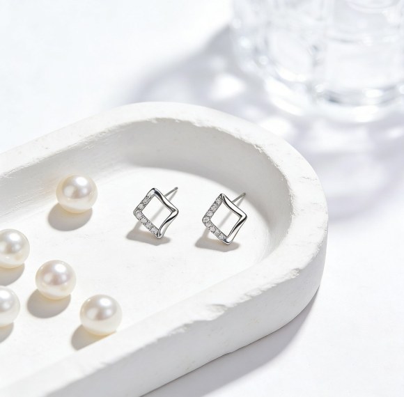 Wavy Square Pave Edge Stud Earrings | Minimalist Stack | 925 Silver | CZ or Moissanite